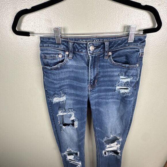 American Eagle Stretch Distressed Hi-Rise Slim Jeans Sz 0 X-Long 34" Inseam - Picture 3 of 11